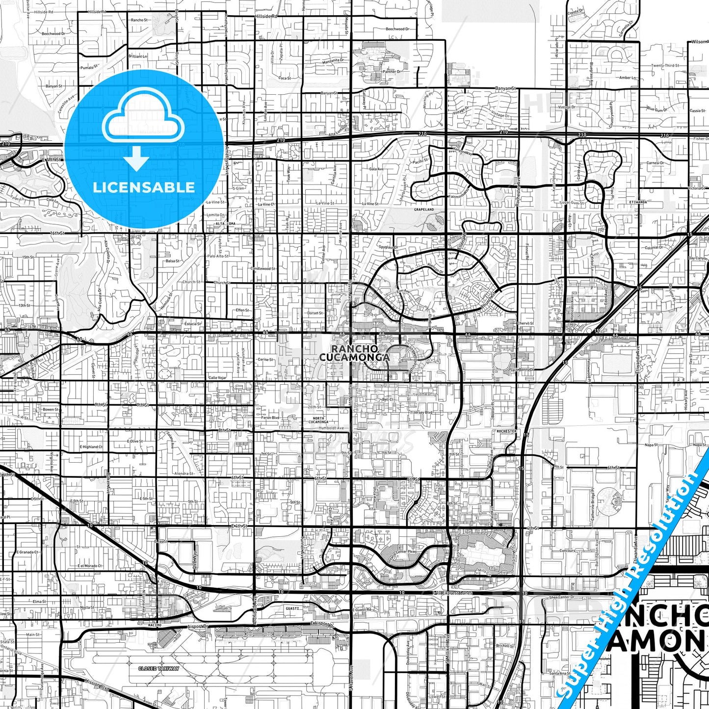 Rancho Cucamonga, California Light Map with Street Names, City Names, and Districts