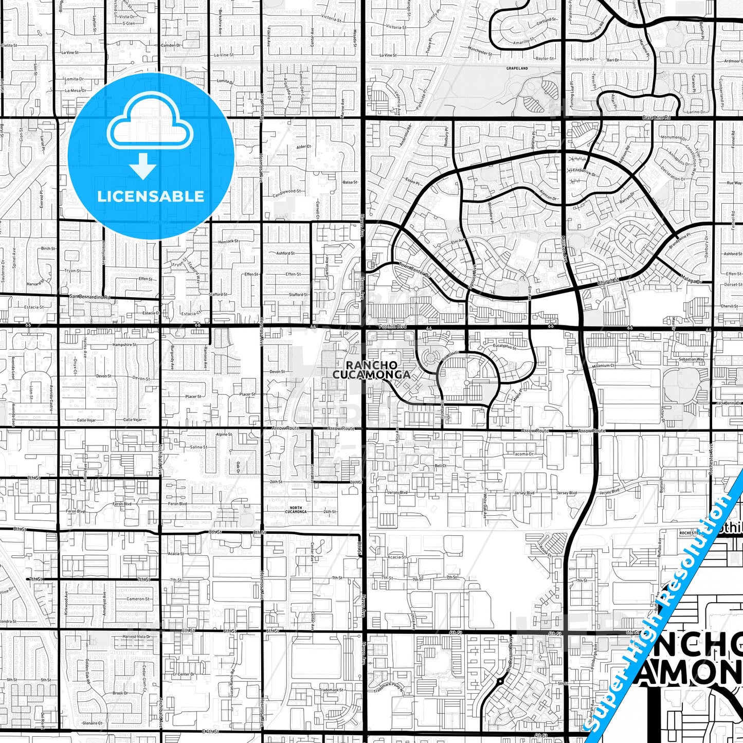 Rancho Cucamonga, California Light Map with Street Names, City Names, and Districts