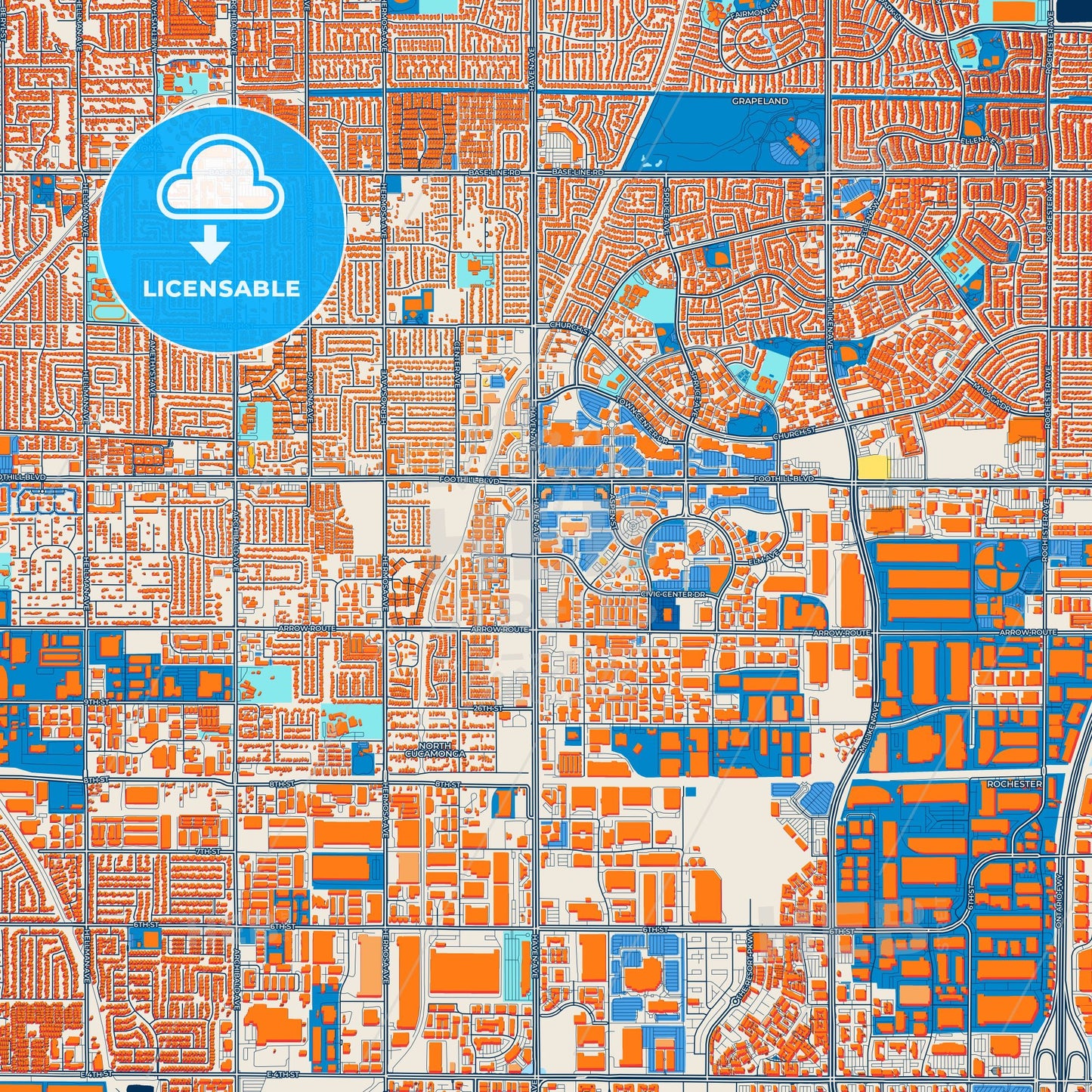 Colorful Rancho Cucamonga Street Map with Labels and Buildings