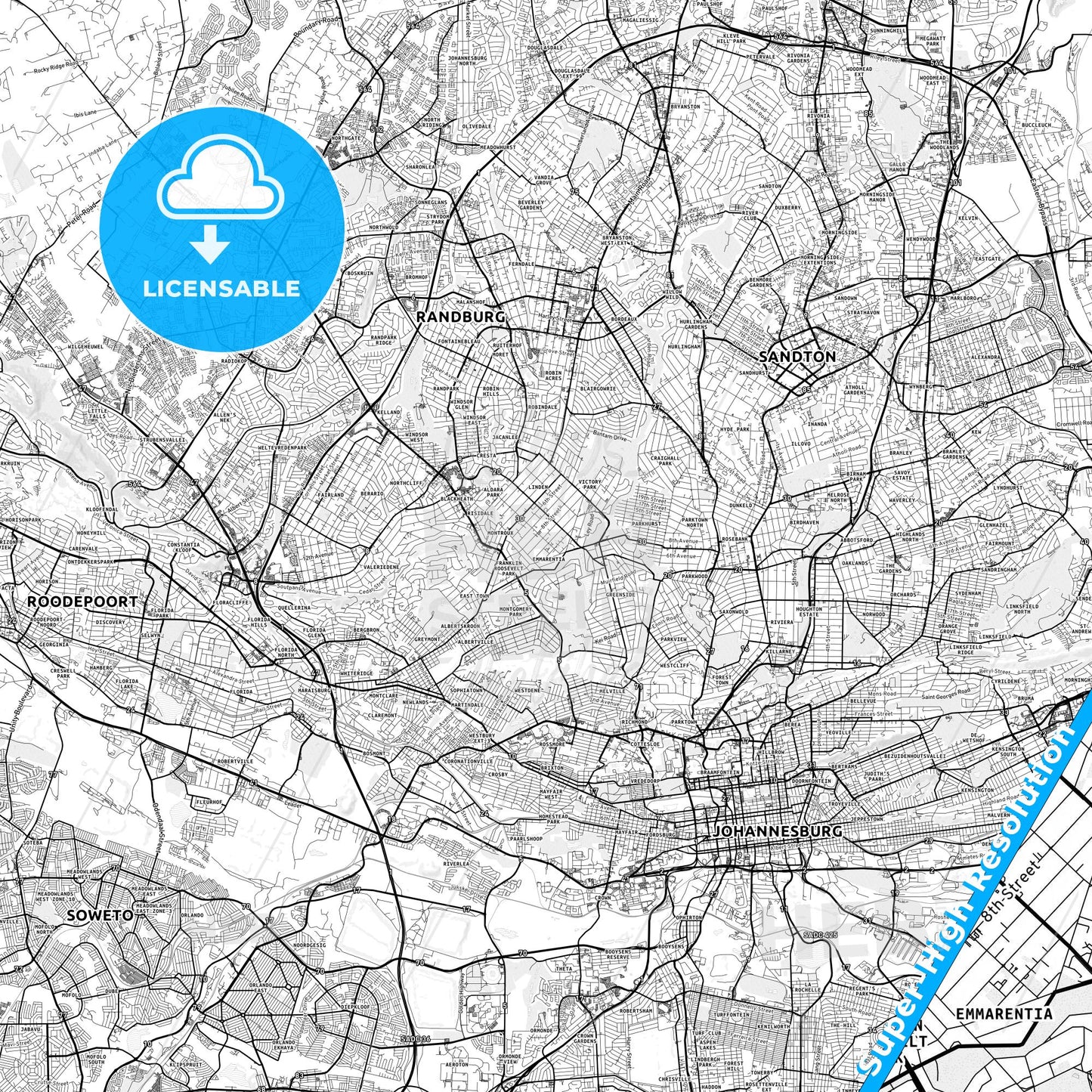 Randburg, South Africa light map with streetnames, citynames and districts