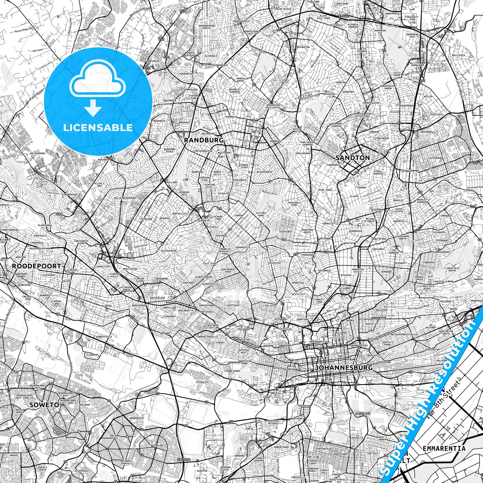 Randburg, South Africa light map with streetnames, citynames and districts