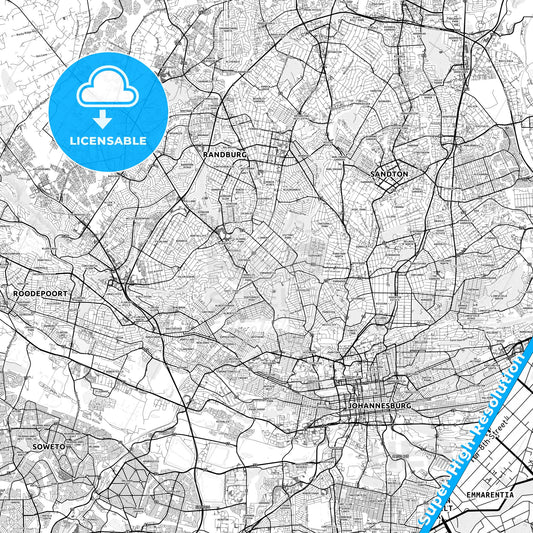Randburg, South Africa light map with streetnames, citynames and districts