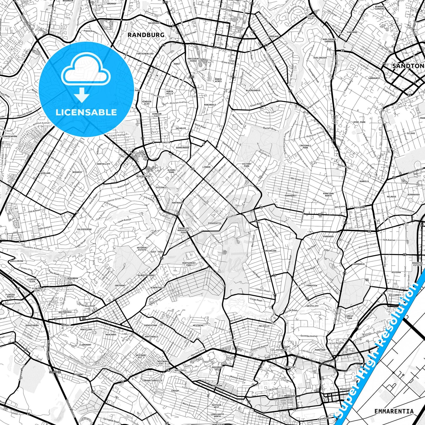Randburg, South Africa Light Map with Street Names, City Names, and Districts