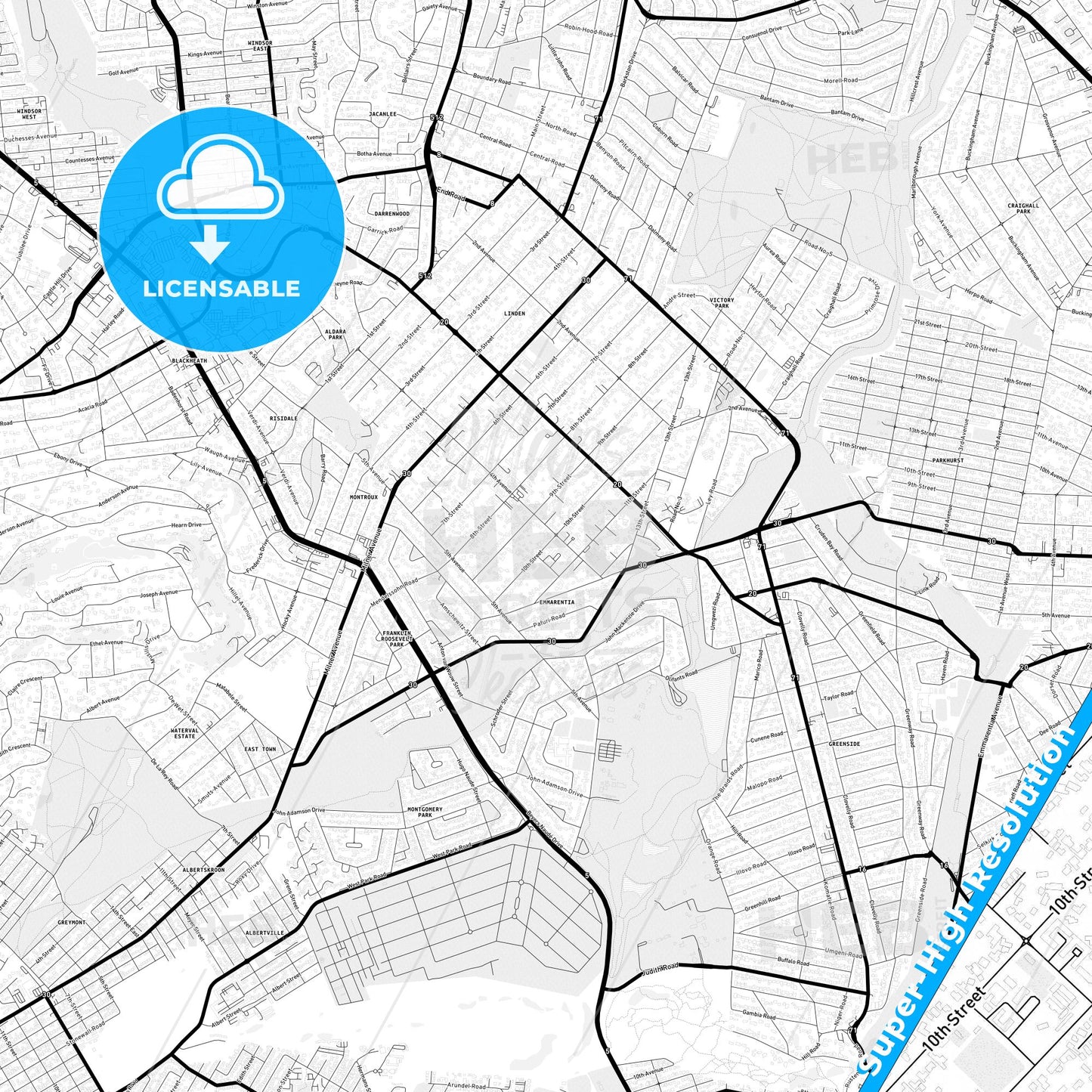 Randburg, South Africa Light Map with Street Names, City Names, and Districts