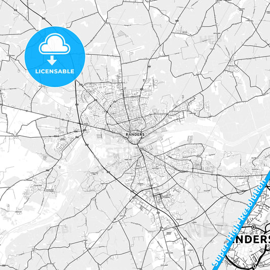 Randers, Denmark light map with streetnames, citynames and districts