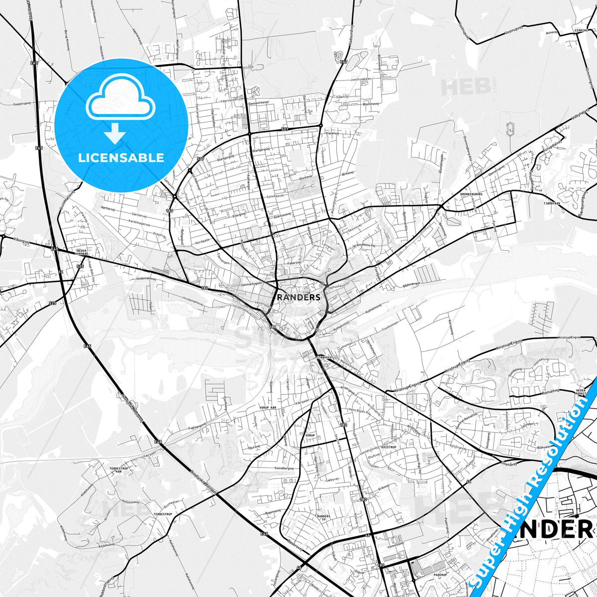 Randers, Denmark Light Map with Street Names, City Names, and Districts