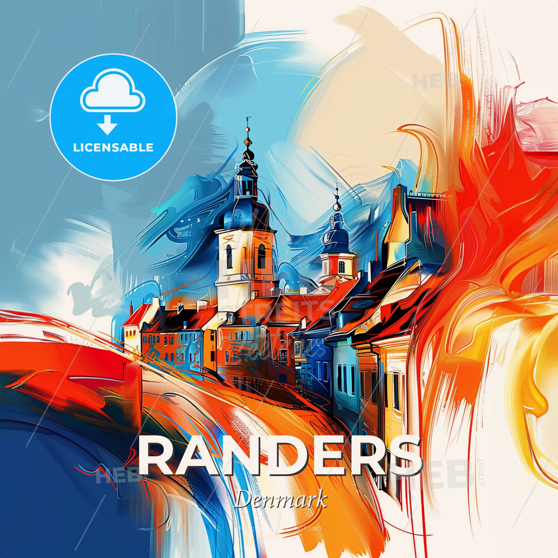 Vibrant Randers, Denmark - A Colorful Painting Of A Town - Square format print template