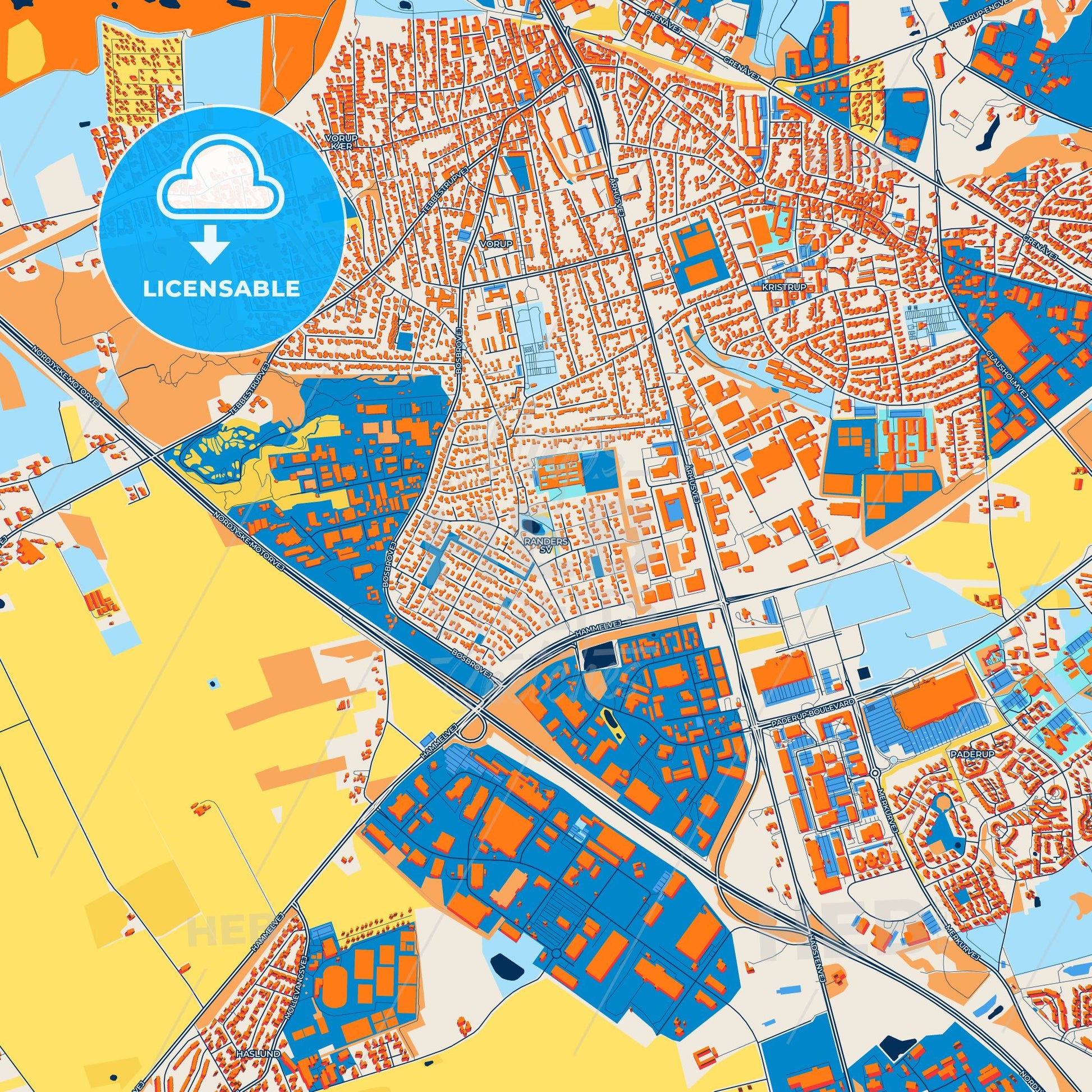 Colorful Randers Street Map with Labels and Buildings