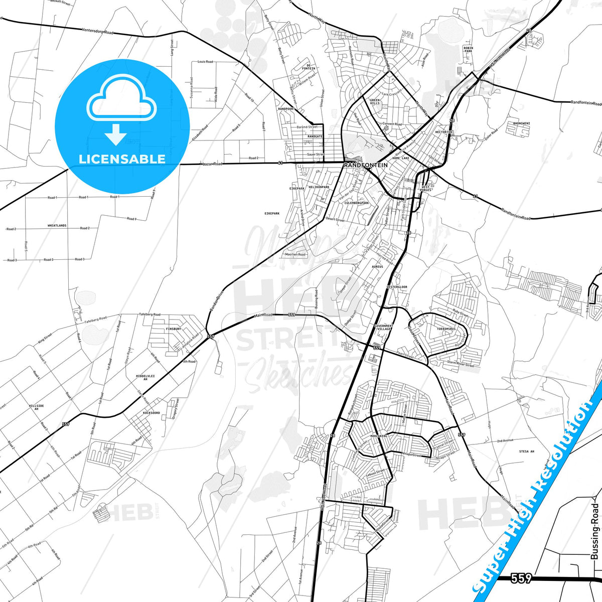 Randfontein, South Africa Light Map with Street Names, City Names, and Districts