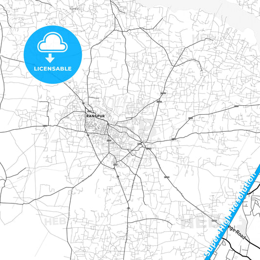 Rangpur, Bangladesh light map with streetnames, citynames and districts