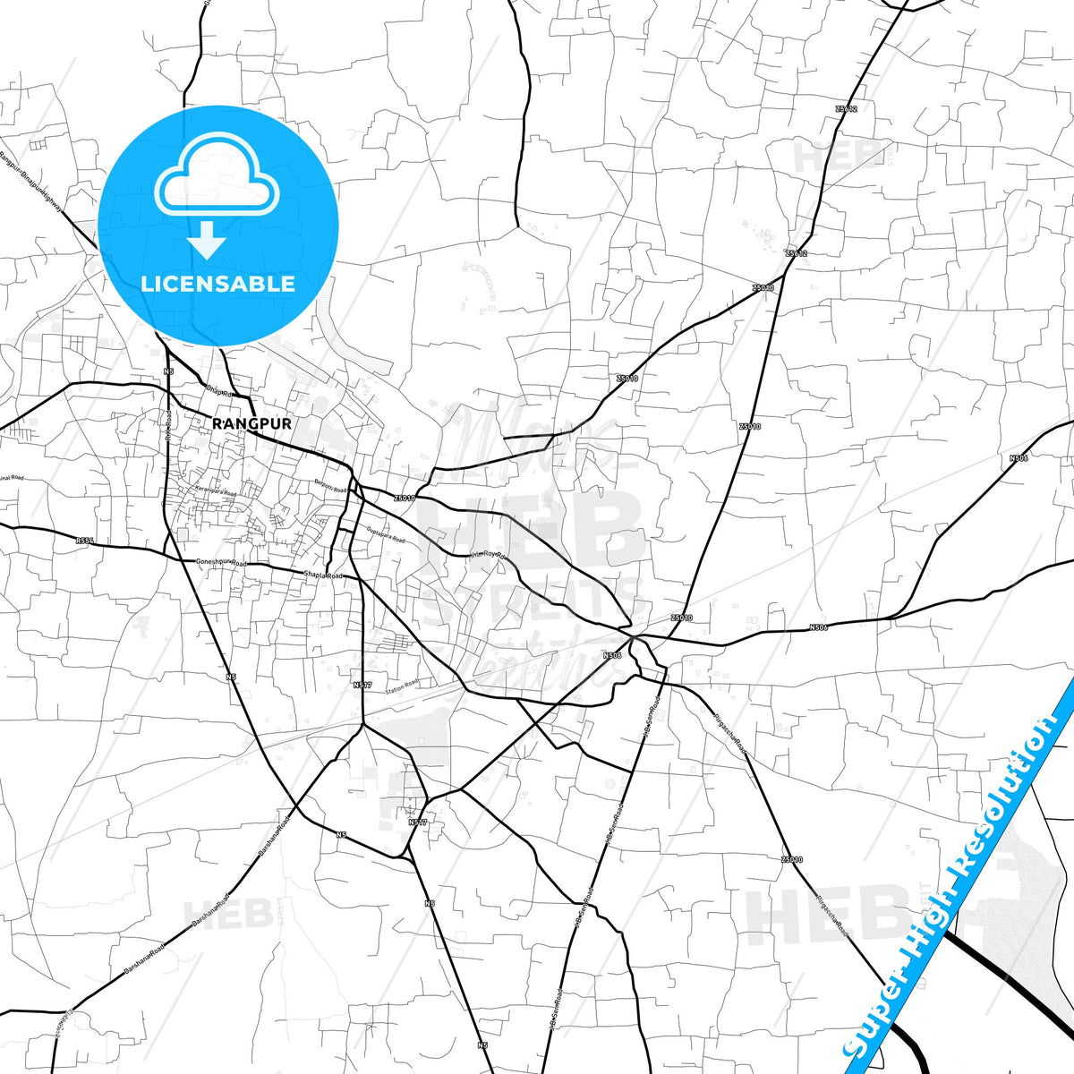 Rangpur, Bangladesh Light Map with Street Names, City Names, and Districts