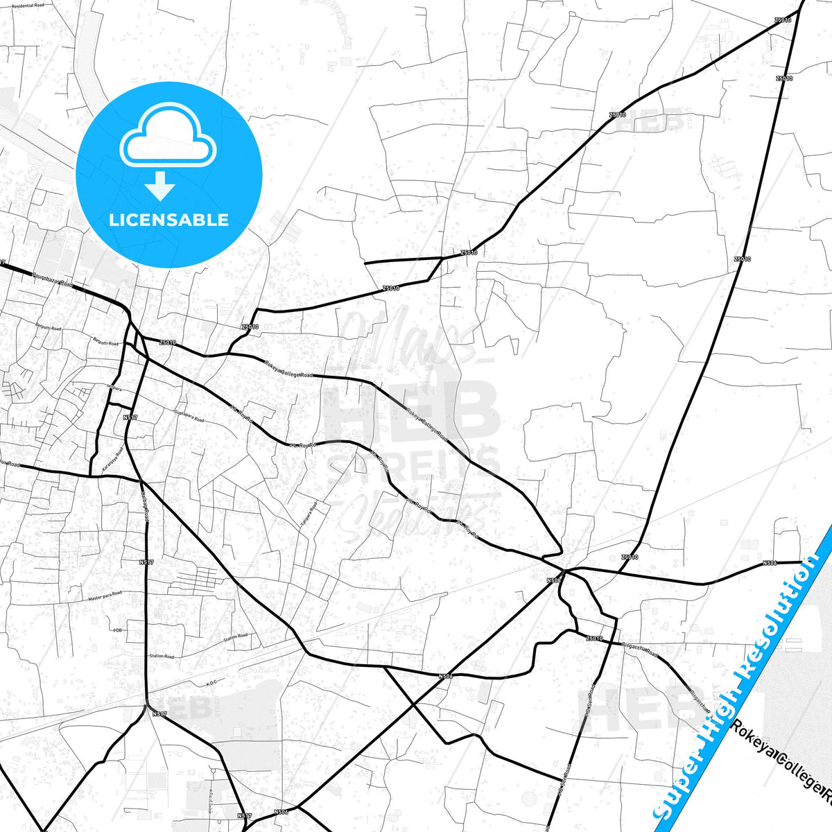 Rangpur, Bangladesh Light Map with Street Names, City Names, and Districts