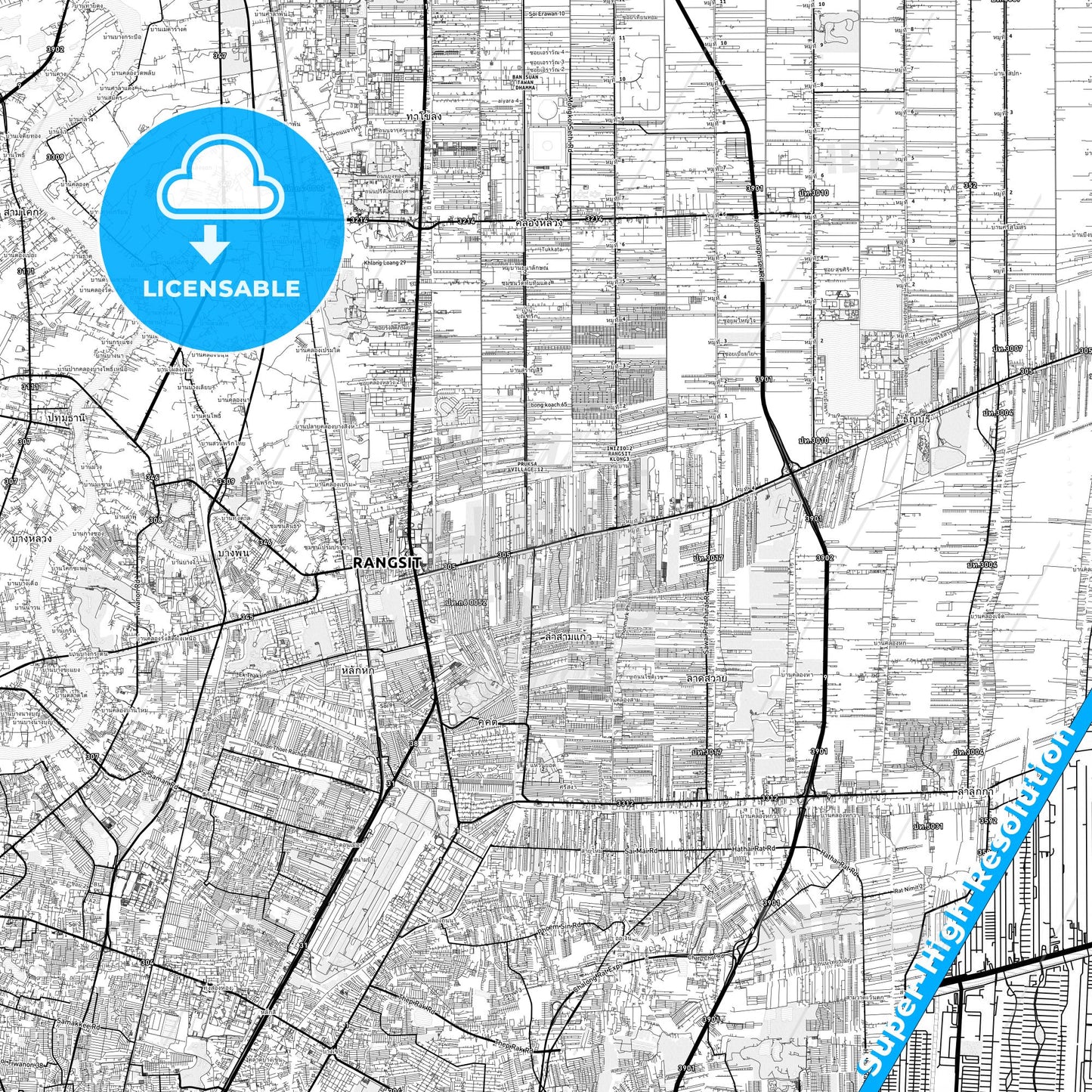 Rangsit, Thailand light map with streetnames, citynames and districts