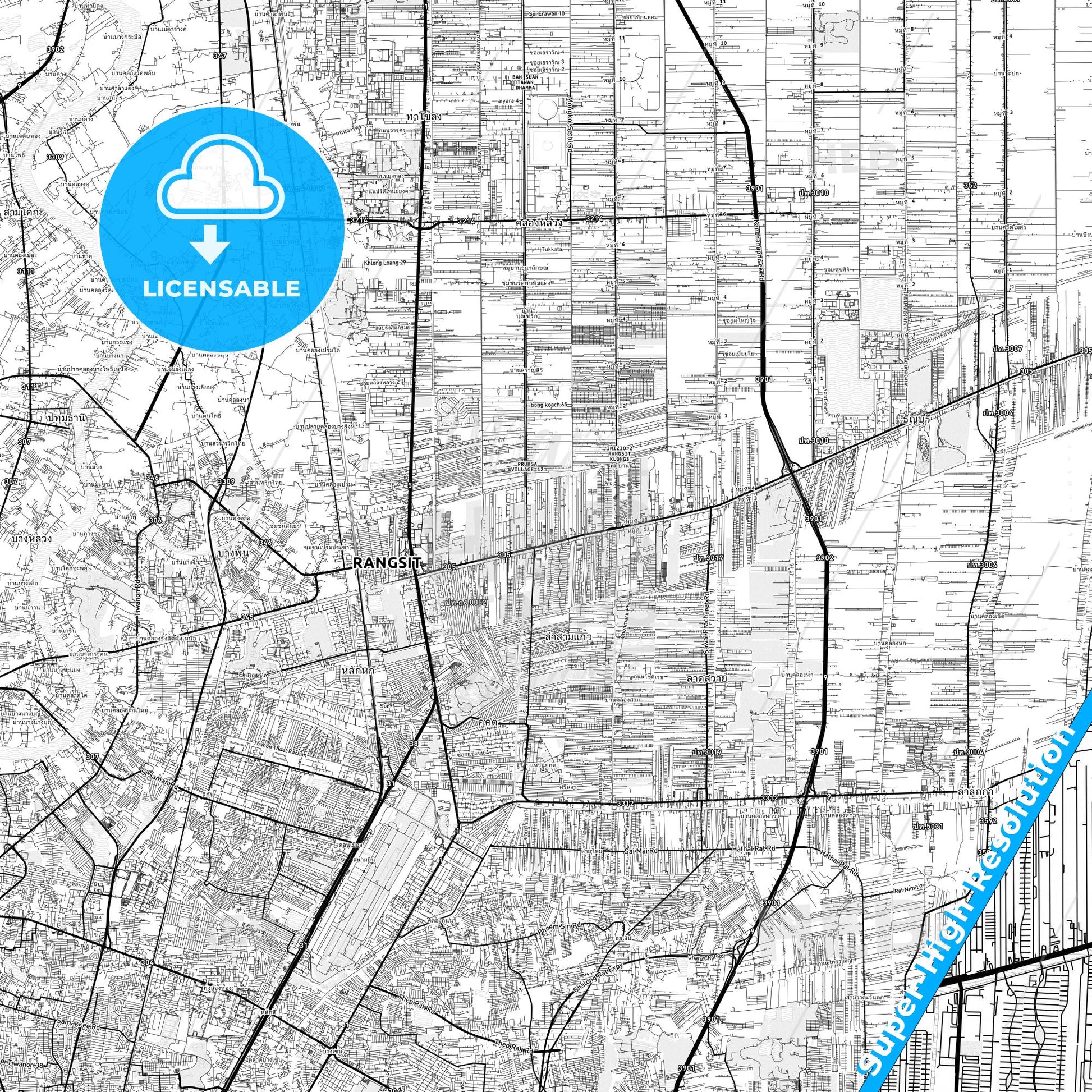 Rangsit, Thailand light map with streetnames, citynames and districts