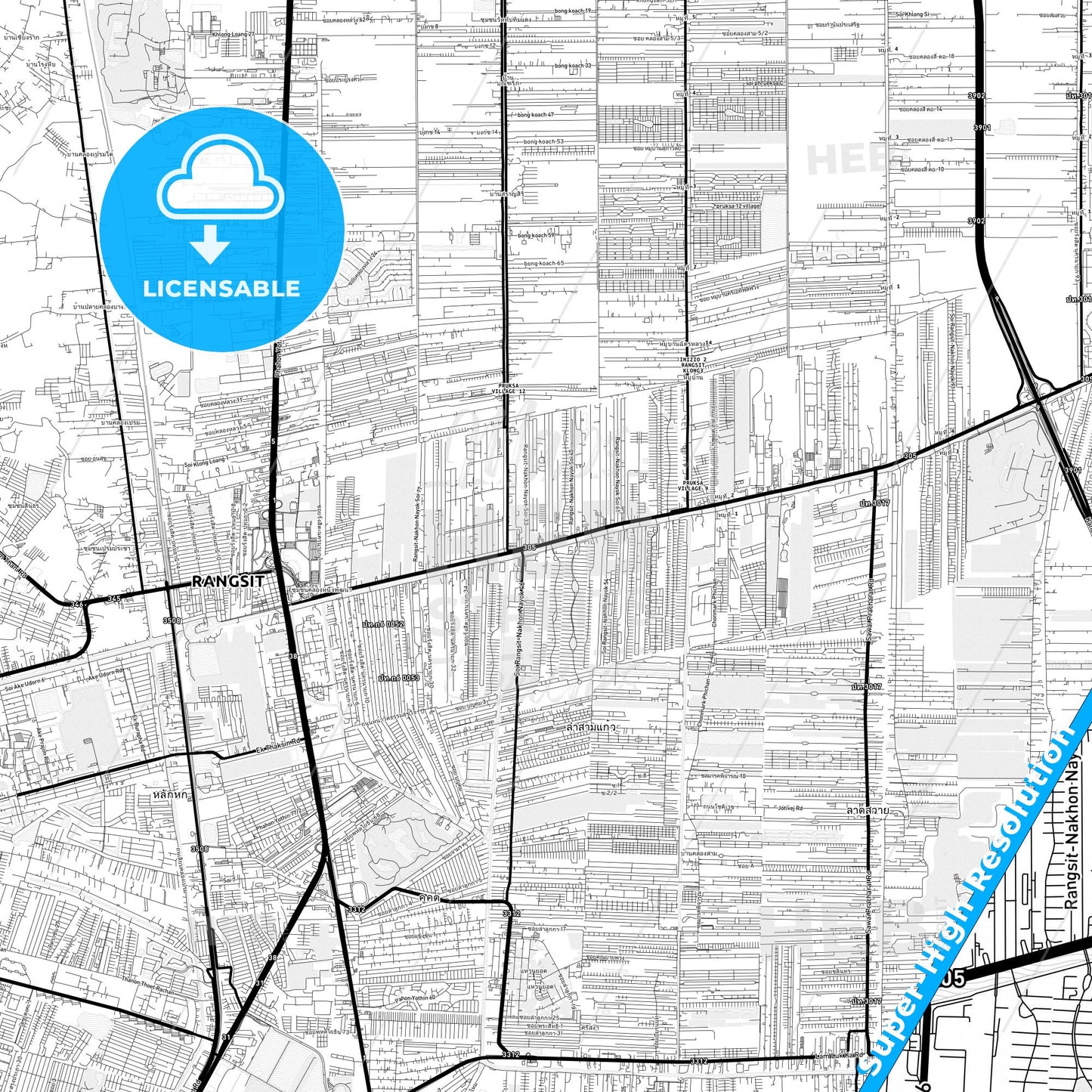 Rangsit, Thailand Light Map with Street Names, City Names, and Districts