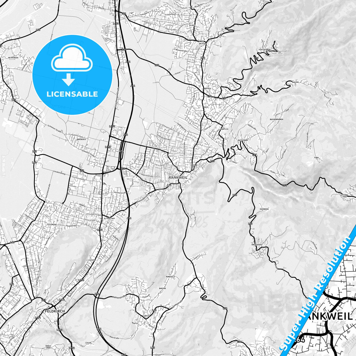 Rankweil, Austria Light Map with Street Names, City Names, and Districts