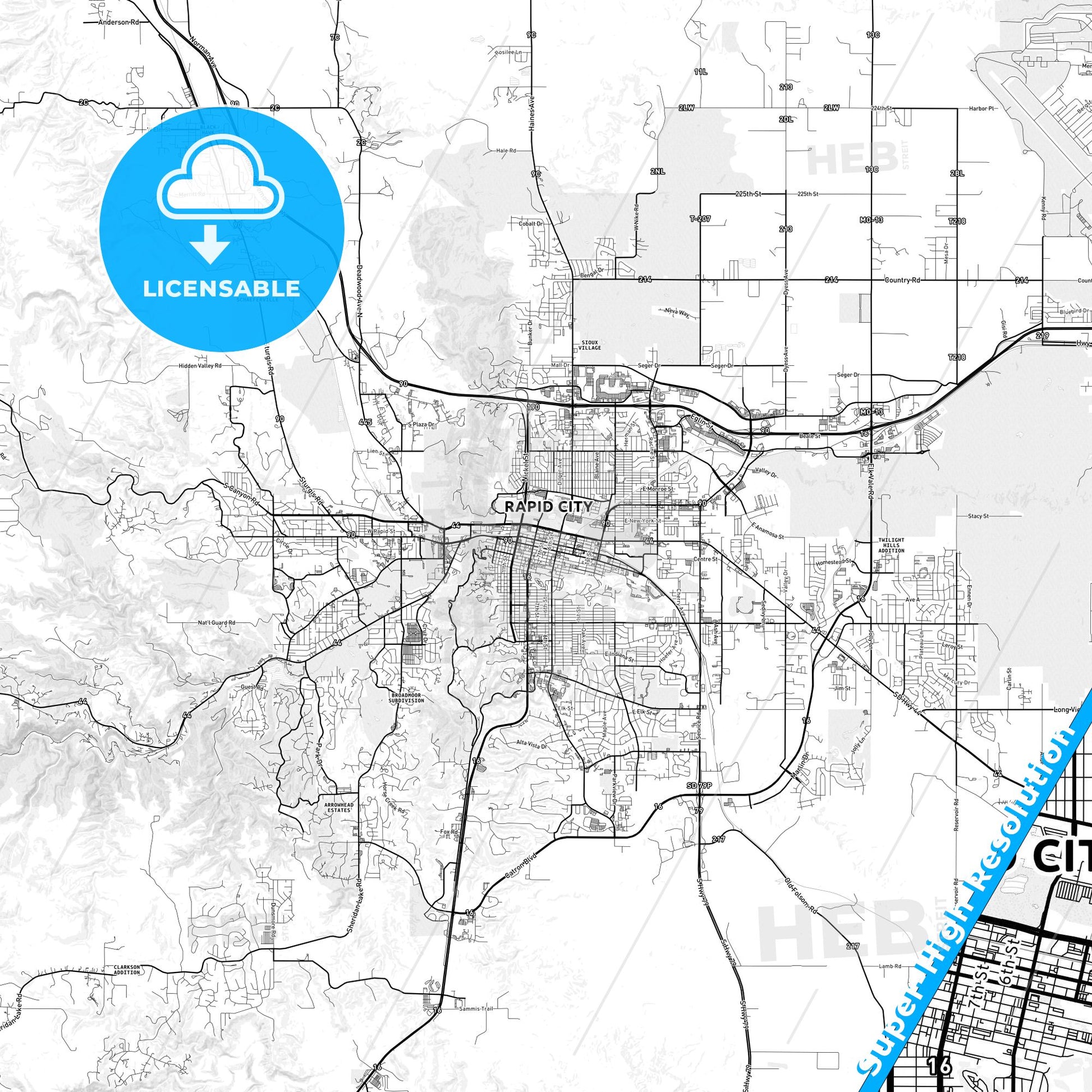 Rapid City, South Dakota light map with streetnames, citynames and districts