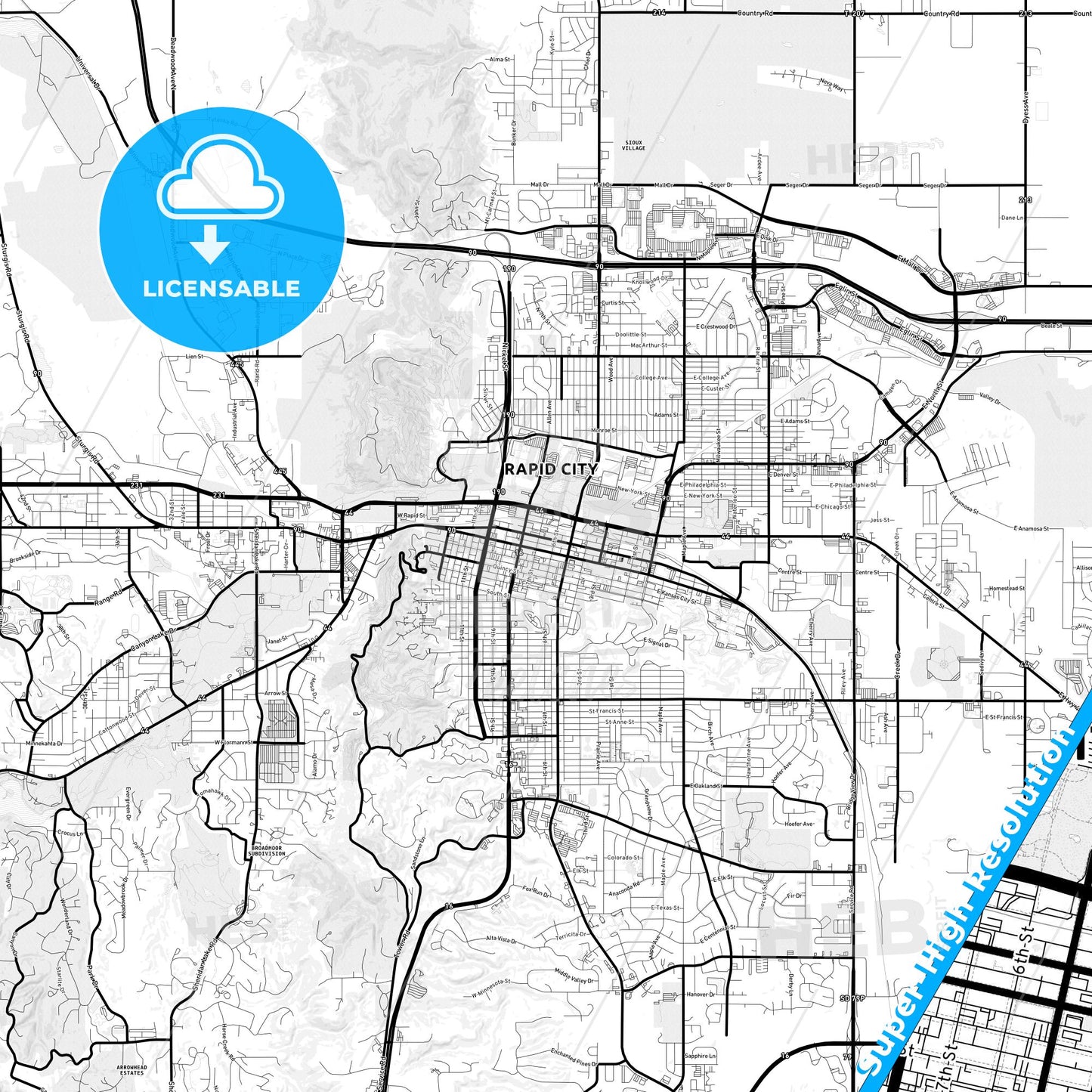 Rapid City, South Dakota Light Map with Street Names, City Names, and Districts