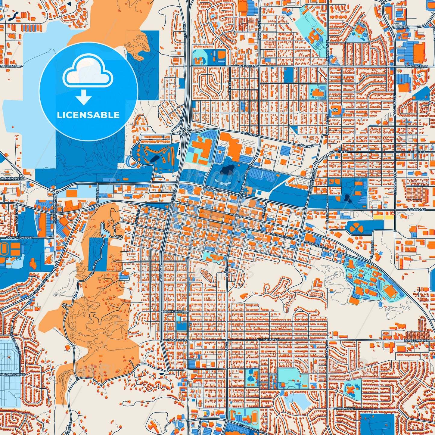 Colorful Rapid City Street Map with Labels and Buildings