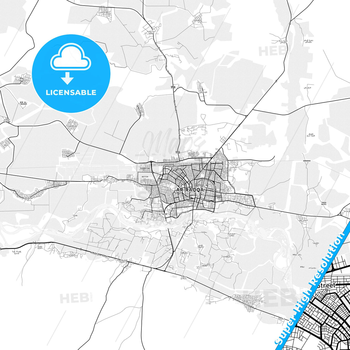 Raqqa, Syria light map with streetnames, citynames and districts