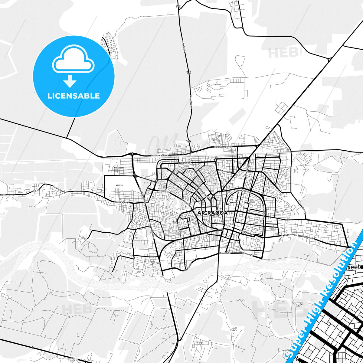 Raqqa, Syria Light Map with Street Names, City Names, and Districts