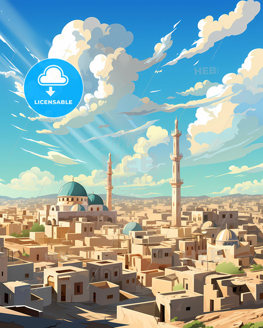 Vibrant Painting of Raqqa Syria Skyline Featuring Buildings and Towers