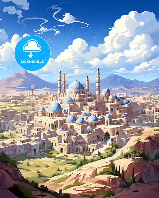 Artful Raqqa Cityscape: Vibrant Painting Depicting Blue Domes, Towers, and City Architecture