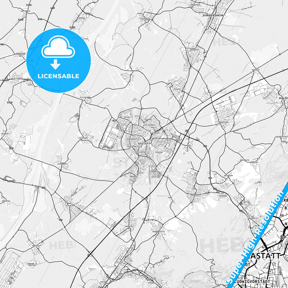 Rastatt, Germany light map with streetnames, citynames and districts