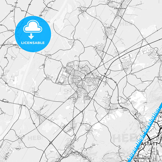 Rastatt, Germany light map with streetnames, citynames and districts