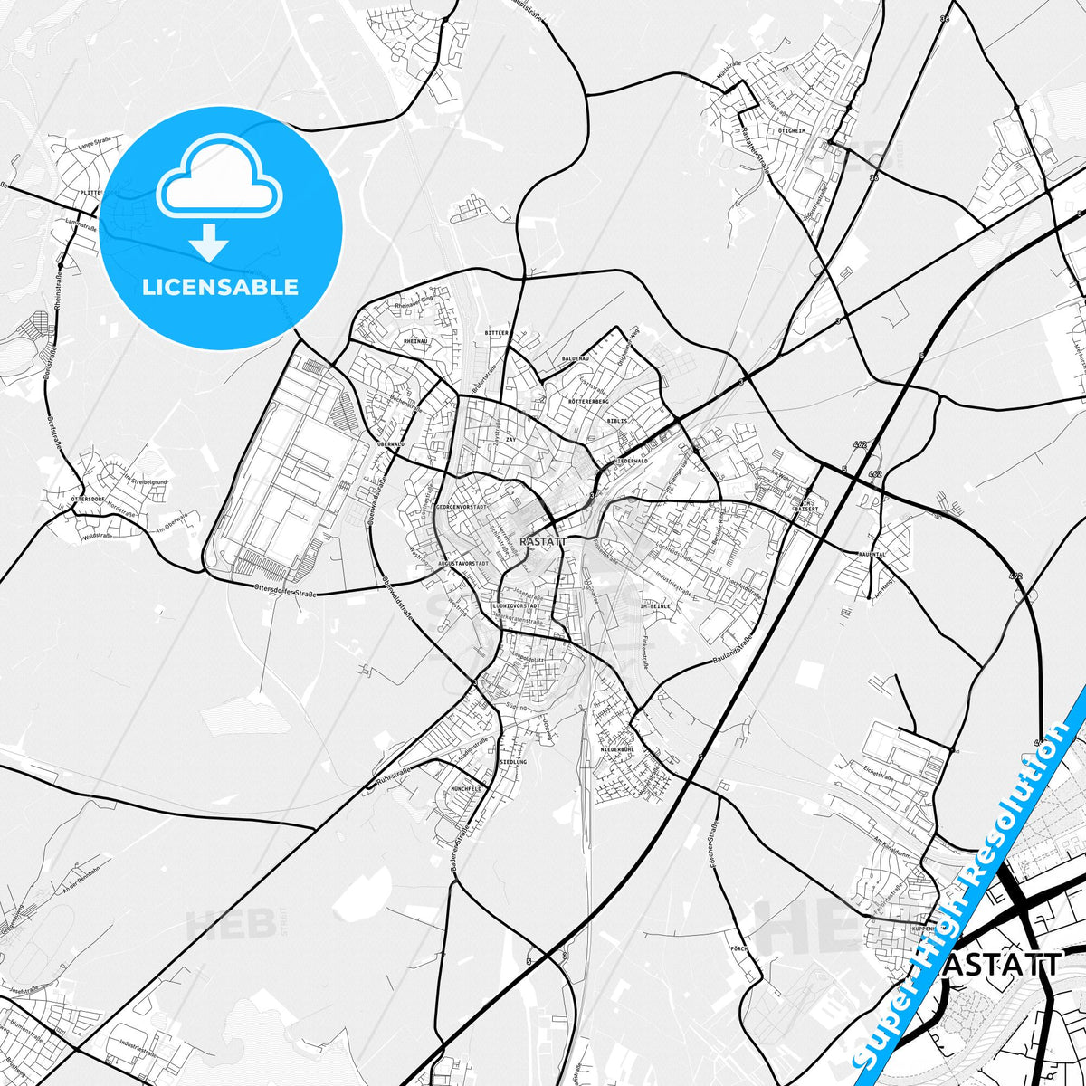 Rastatt, Germany Light Map with Street Names, City Names, and Districts