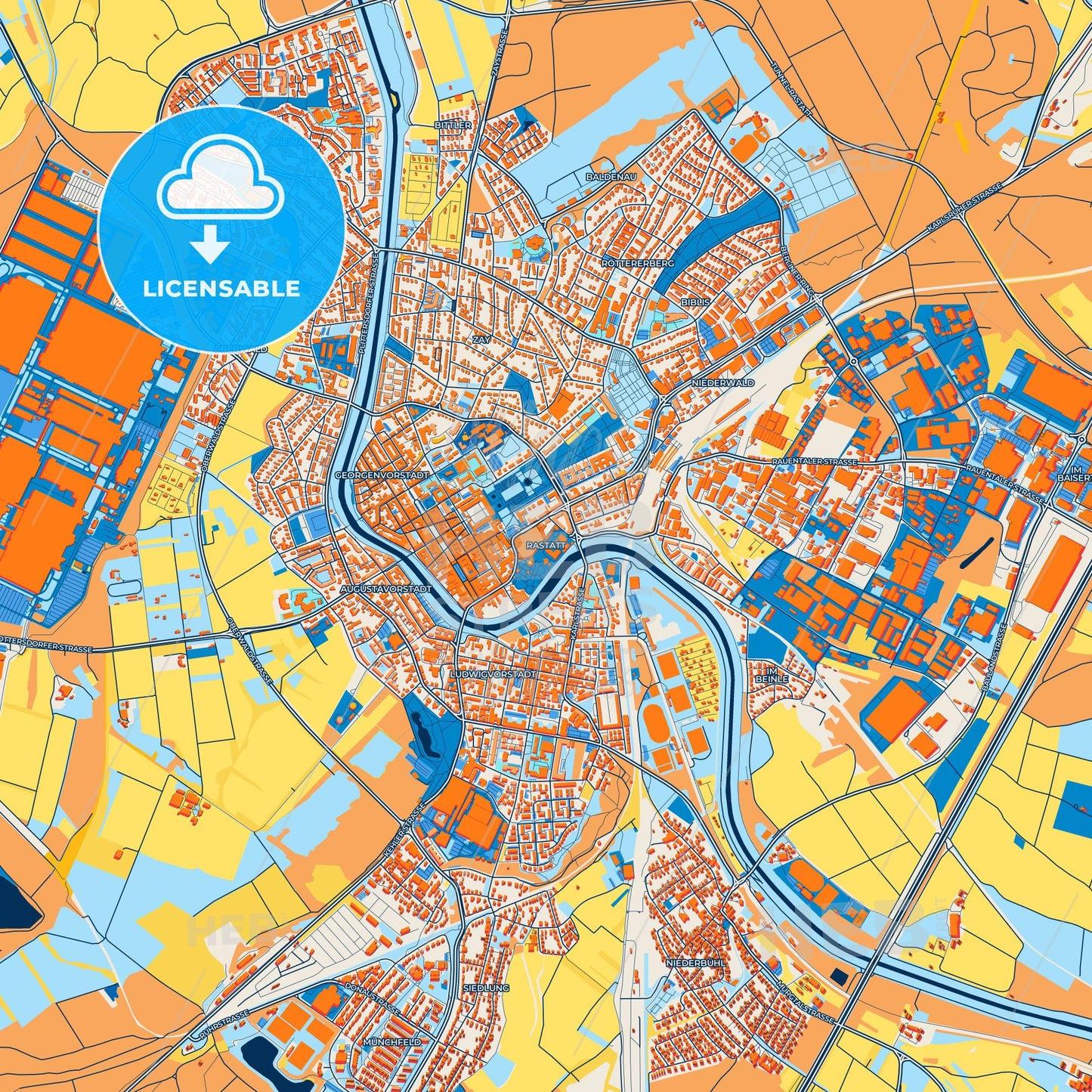 Colorful Rastatt Street Map with Labels and Buildings