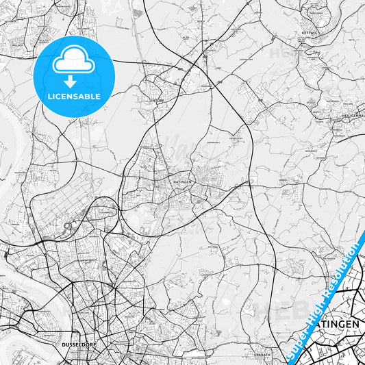 Ratingen, Germany light map with streetnames, citynames and districts