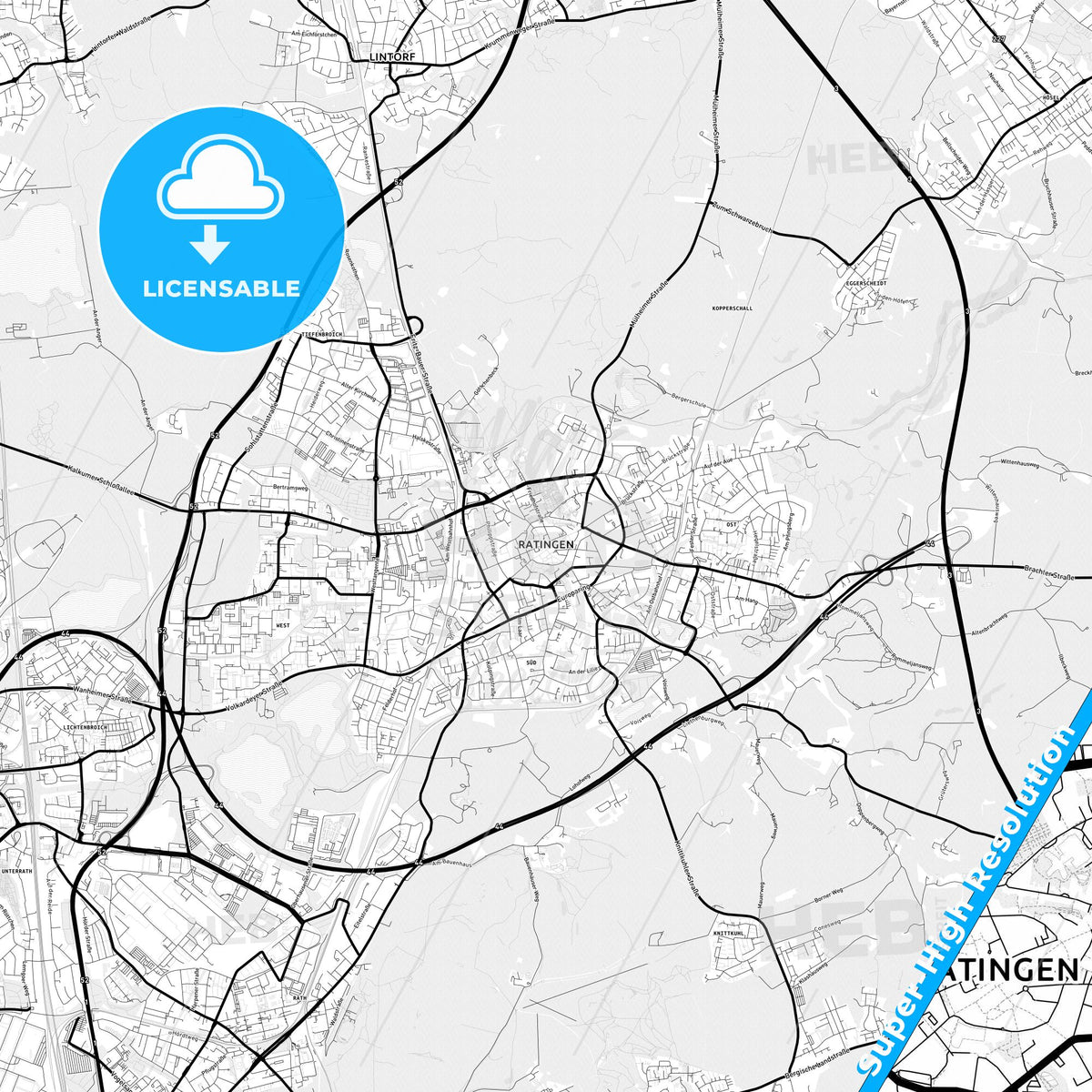 Ratingen, Germany Light Map with Street Names, City Names, and Districts