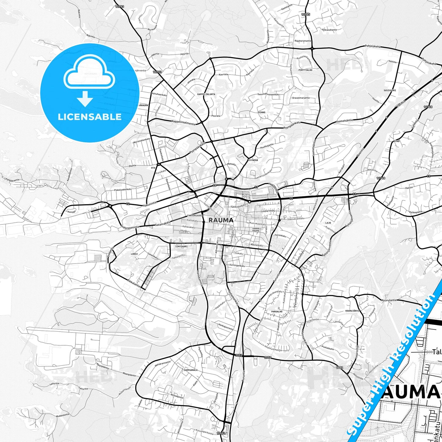 Rauma, Finland Light Map with Street Names, City Names, and Districts