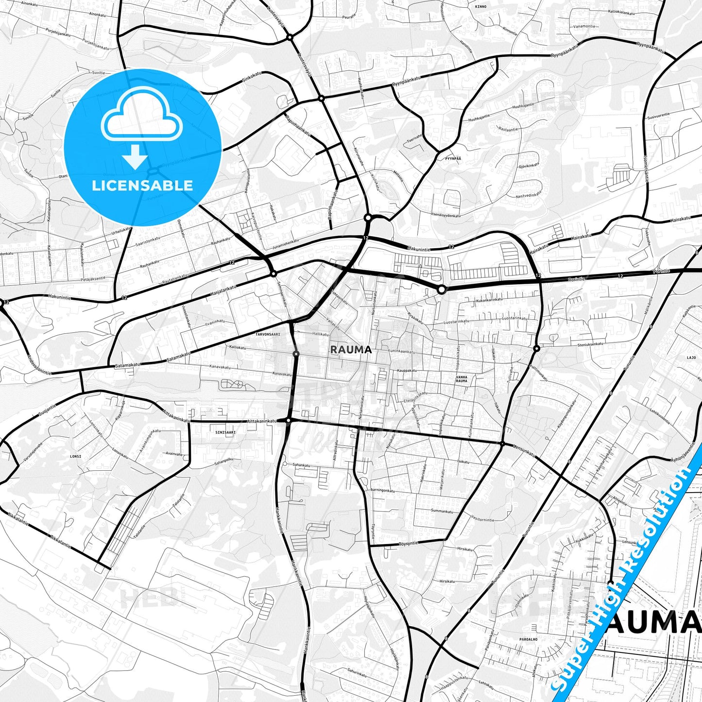Rauma, Finland Light Map with Street Names, City Names, and Districts