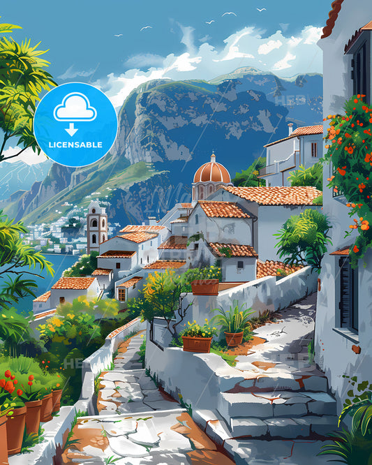 Ravello Italy painting vibrant art white buildings orange roofs mountain background