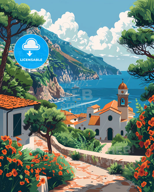Ravello Italy Scenic Landscape Painting Vibrant Artwork Cityscape Water Buildings