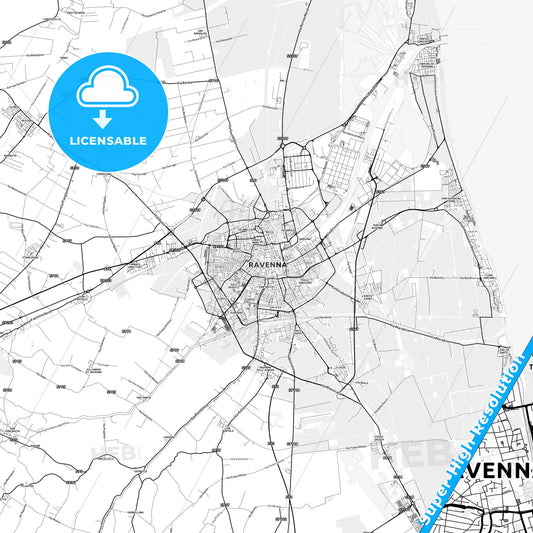 Ravenna, Italy light map with streetnames, citynames and districts
