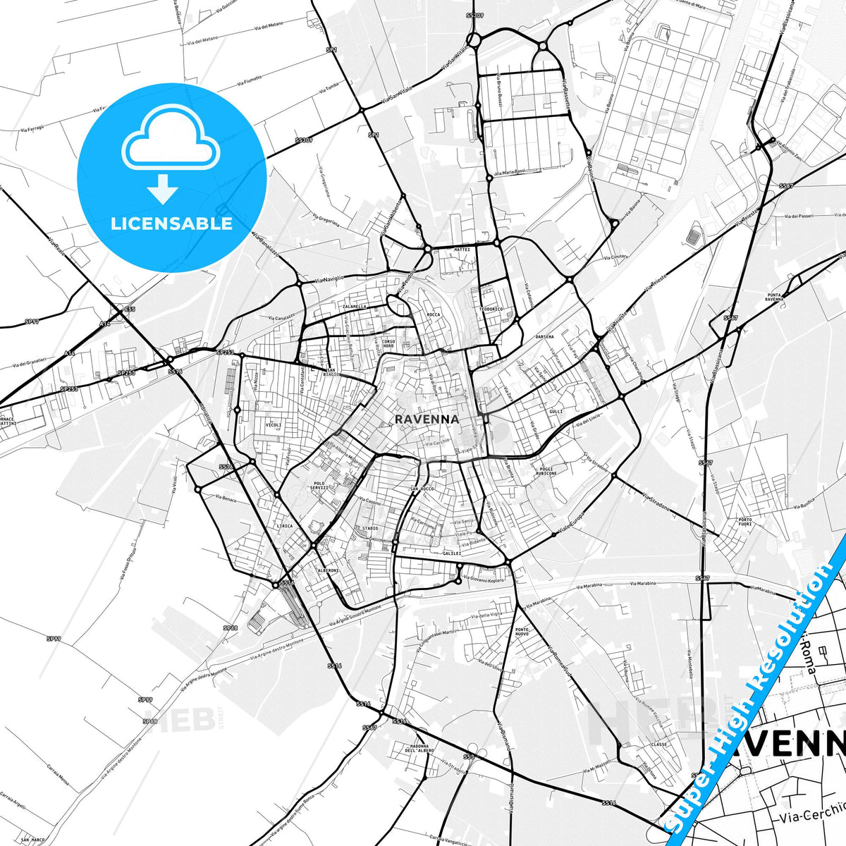 Ravenna, Italy Light Map with Street Names, City Names, and Districts