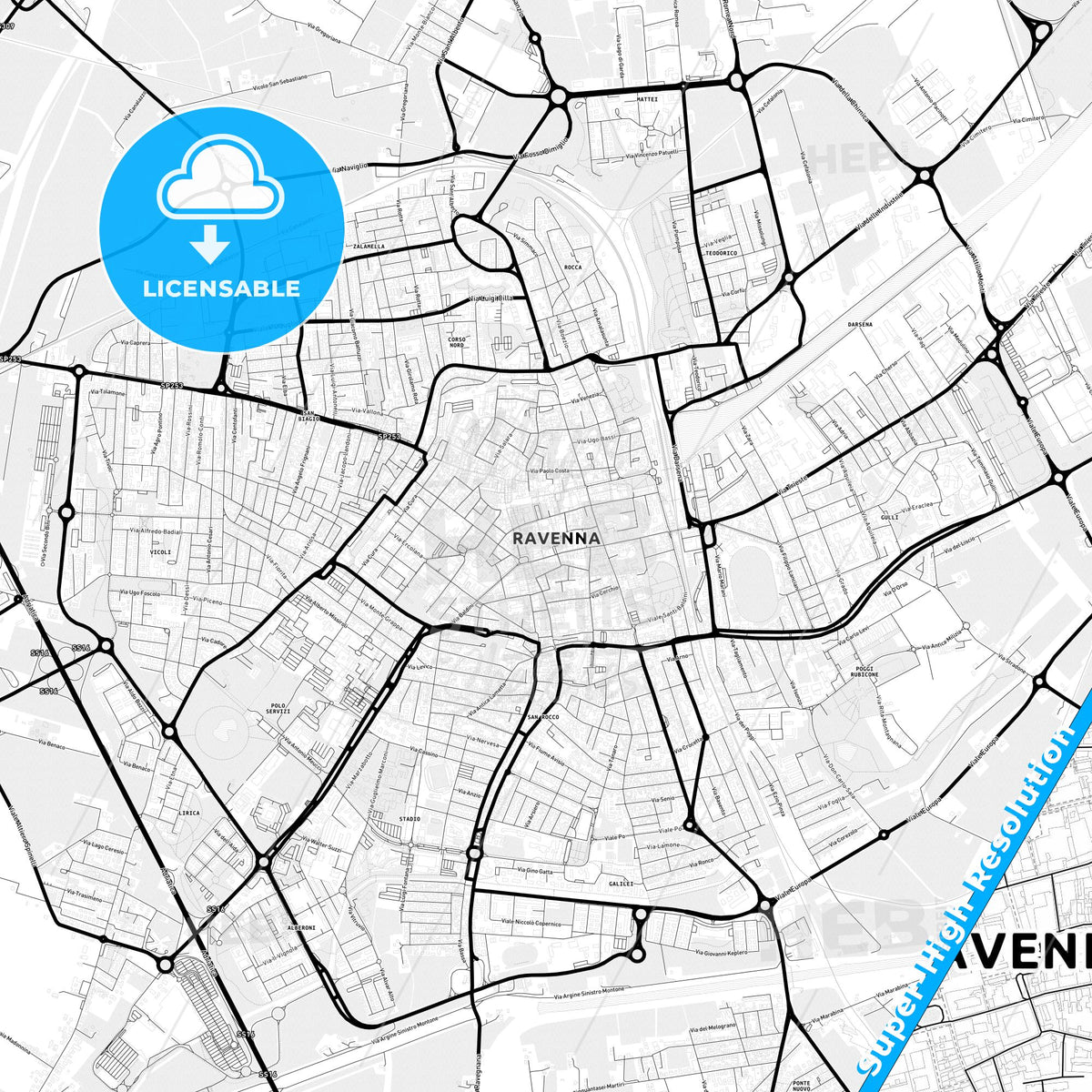 Ravenna, Italy Light Map with Street Names, City Names, and Districts