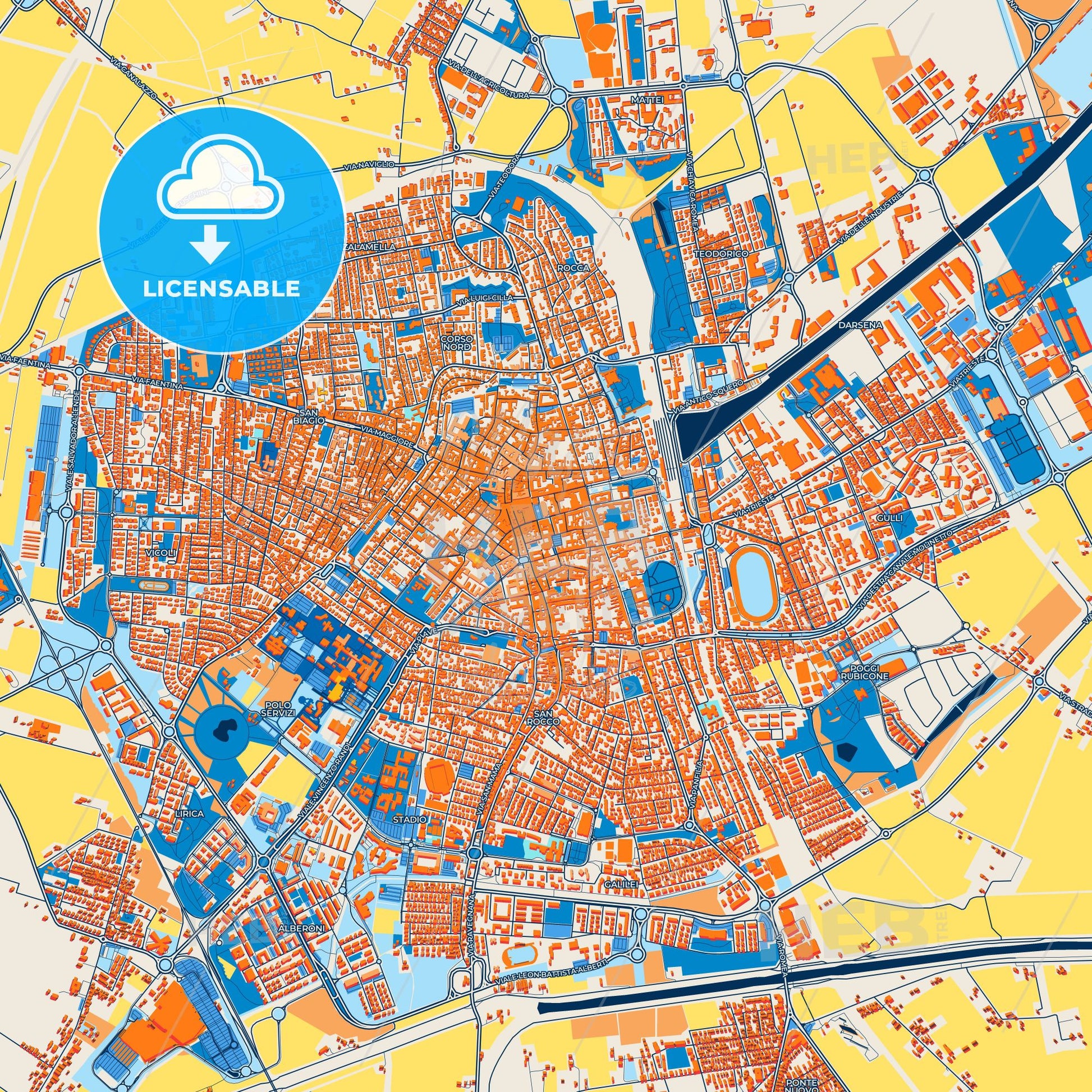 Colorful Ravenna Street Map with Labels and Buildings