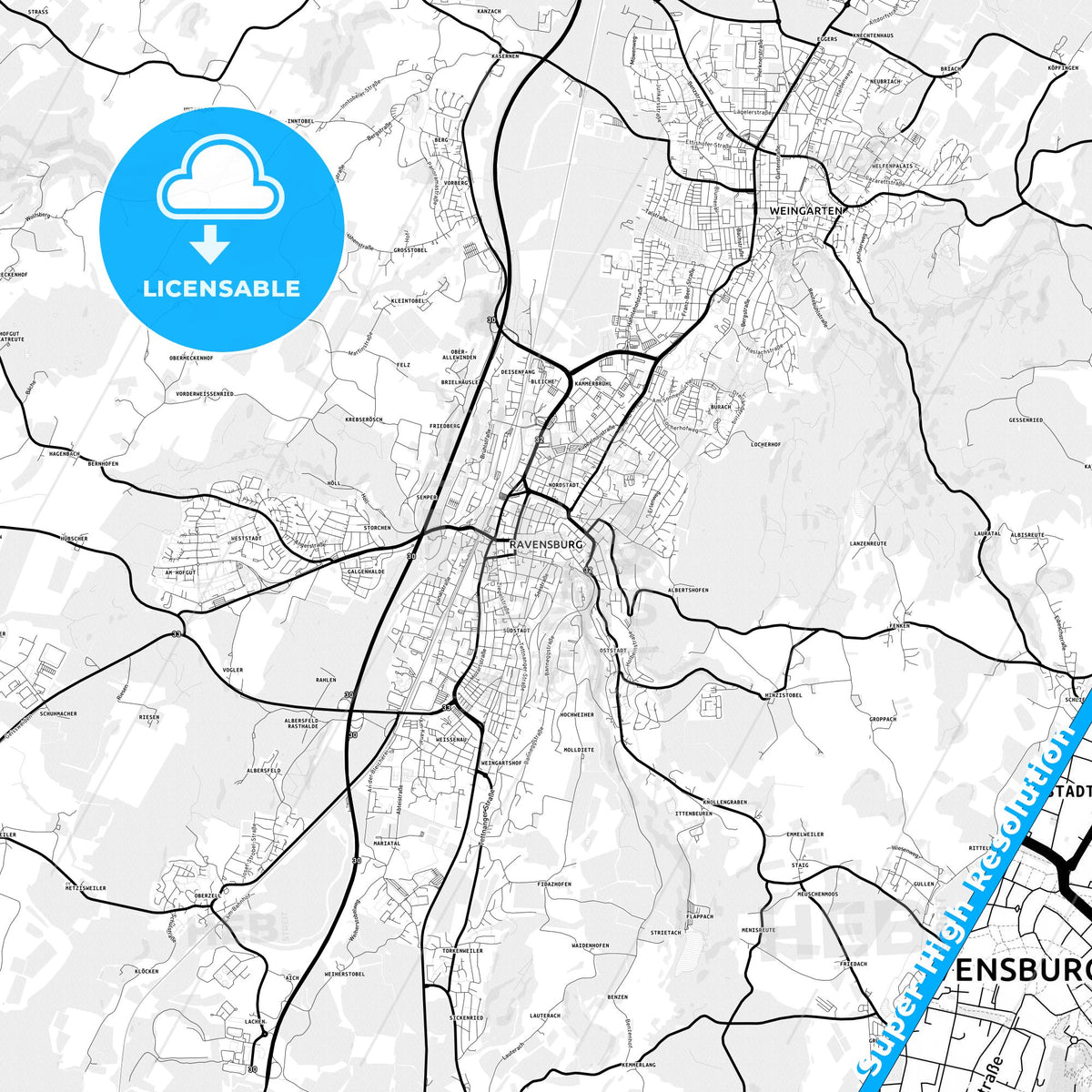 Ravensburg, Germany Light Map with Street Names, City Names, and Districts