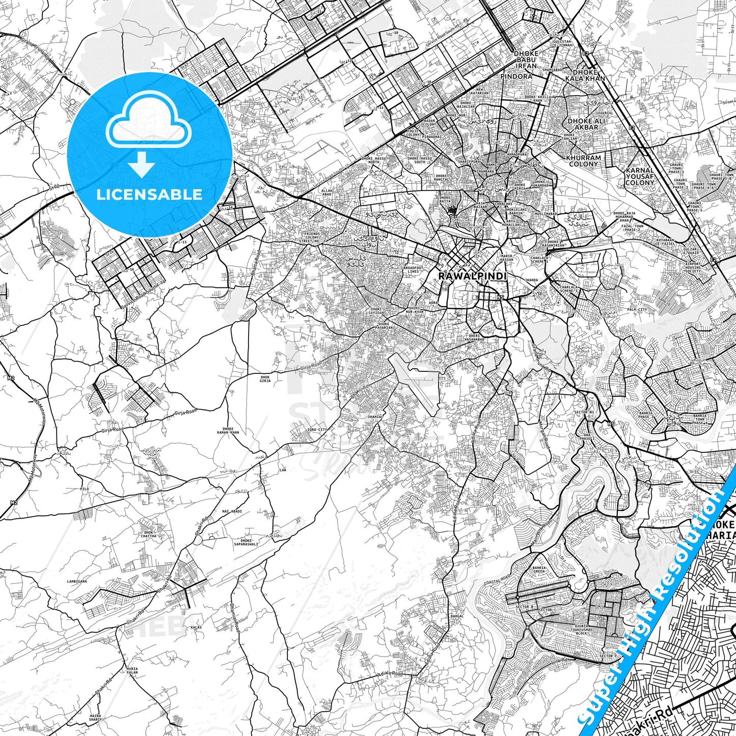 Rawalpindi, Pakistan light map with streetnames, citynames and districts