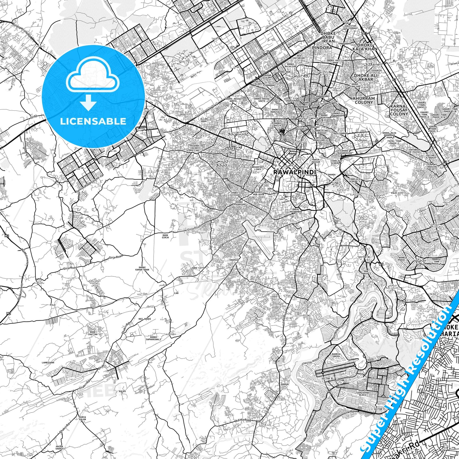 Rawalpindi, Pakistan light map with streetnames, citynames and districts