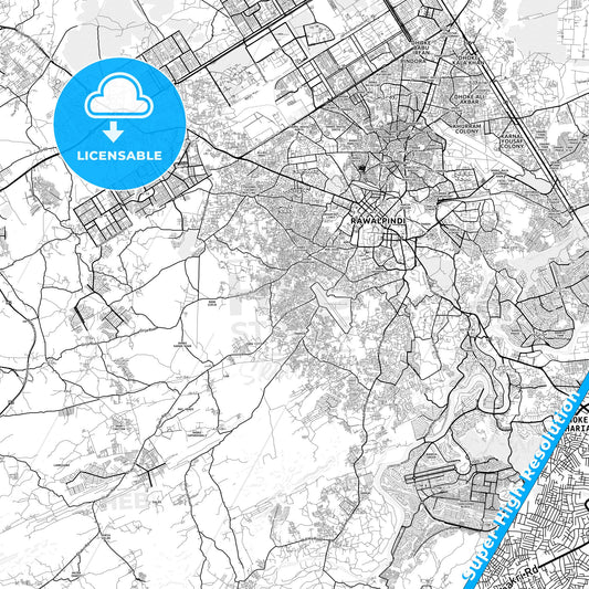 Rawalpindi, Pakistan light map with streetnames, citynames and districts