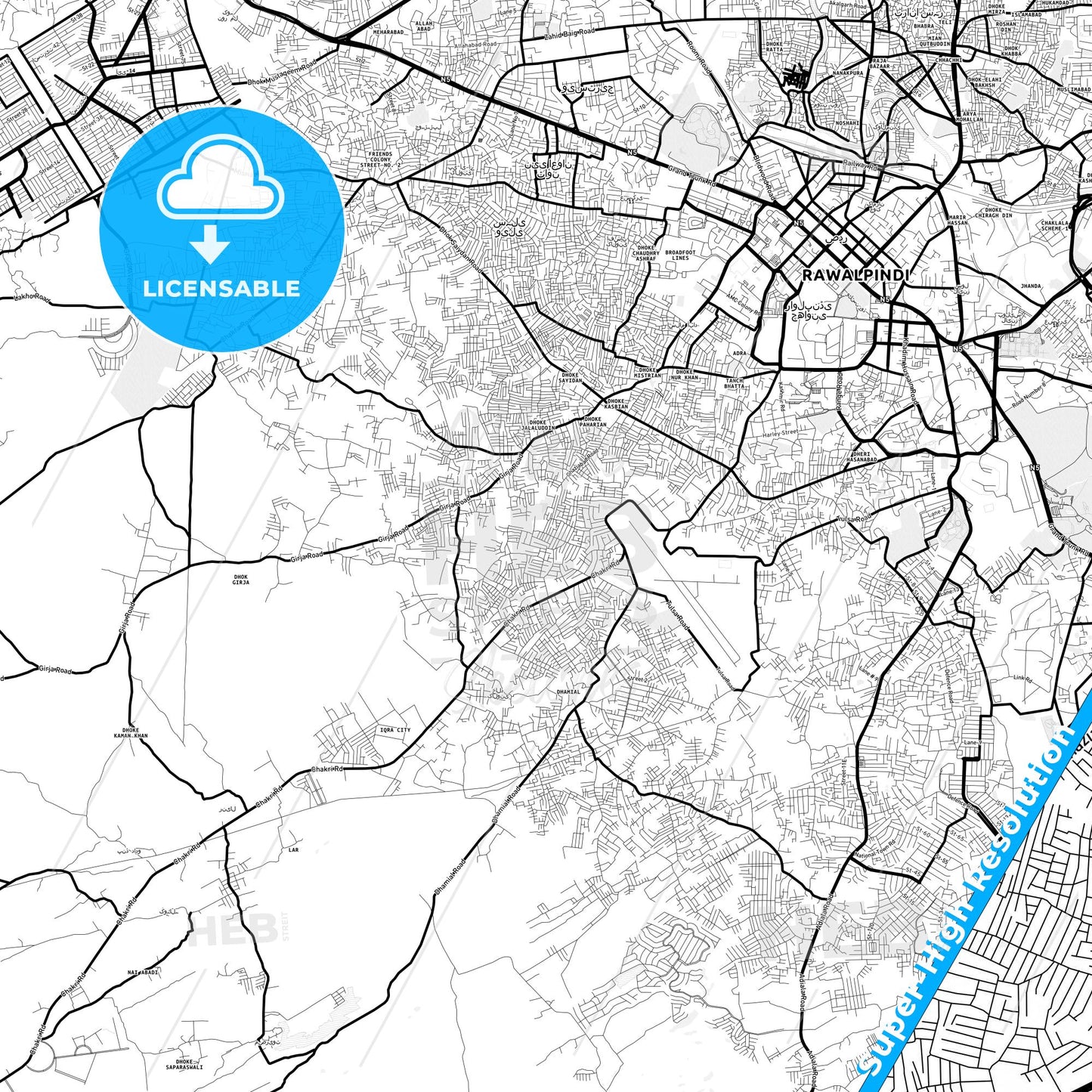 Rawalpindi, Pakistan Light Map with Street Names, City Names, and Districts