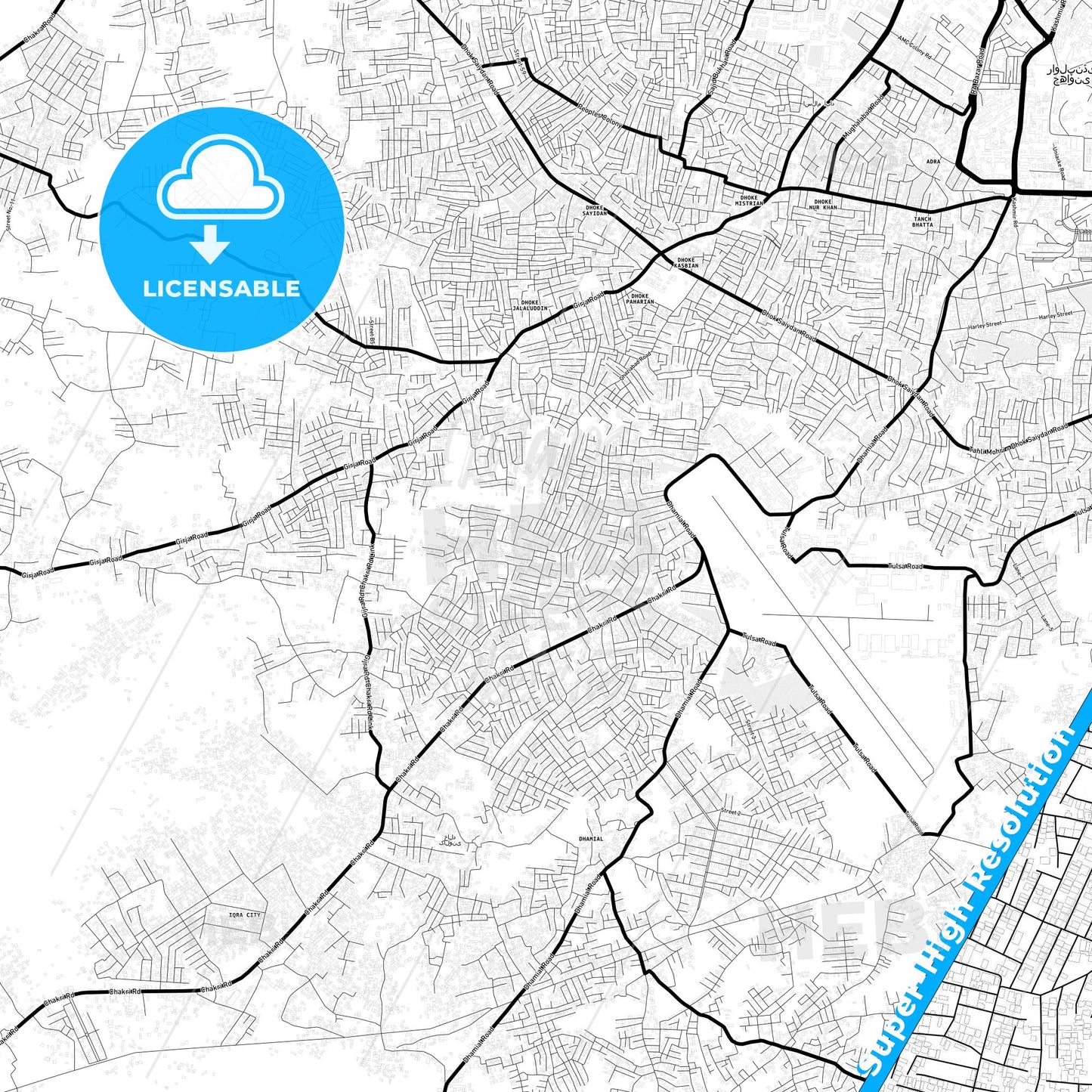 Rawalpindi, Pakistan Light Map with Street Names, City Names, and Districts