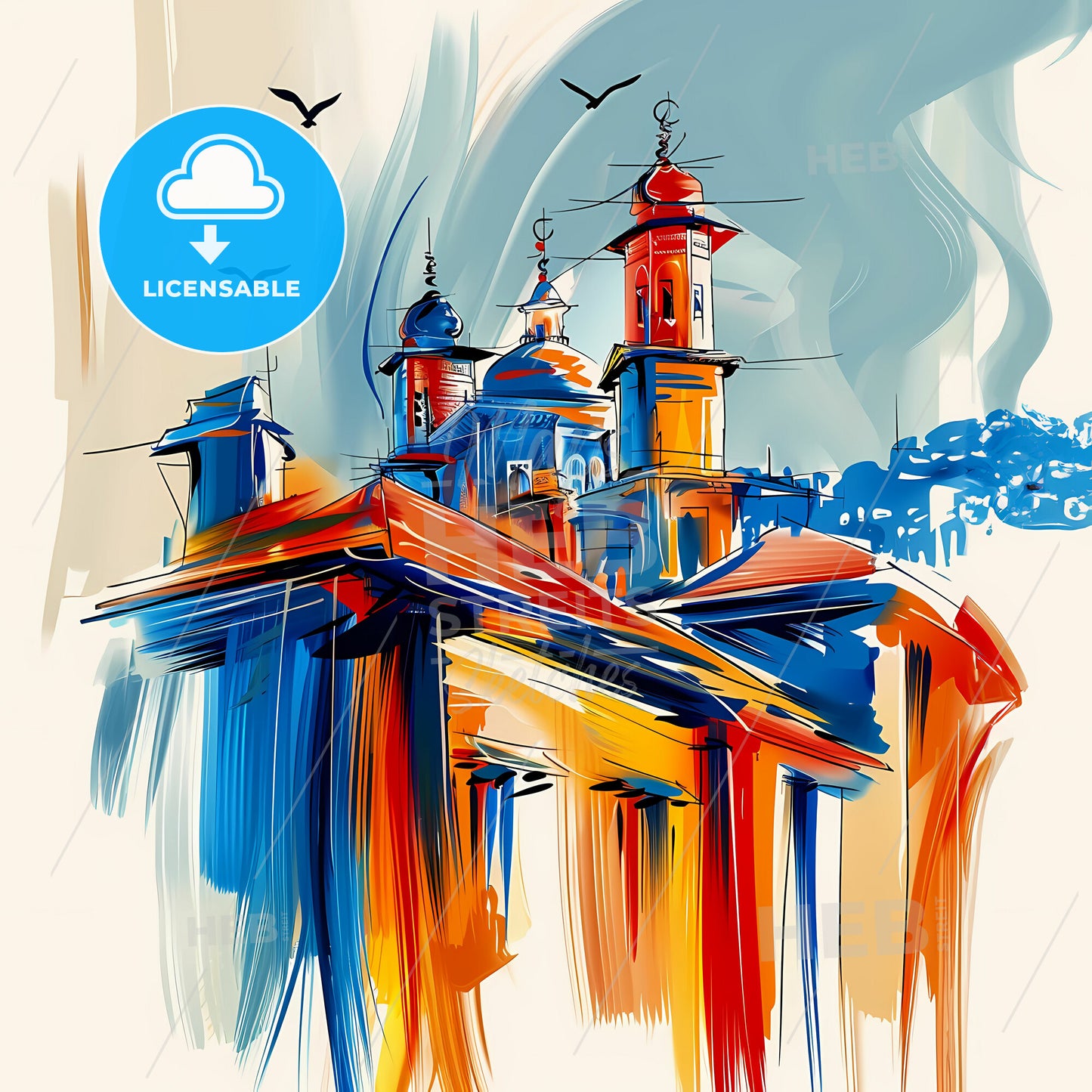 Vibrant Rawalpindi, Pakistan - A Painting Of A Building With Towers And Birds Flying In The Sky