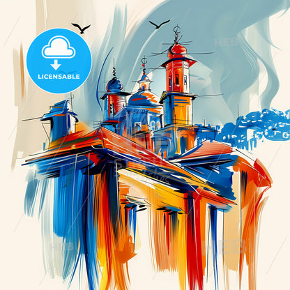 Vibrant Rawalpindi, Pakistan - A Painting Of A Building With Towers And Birds Flying In The Sky