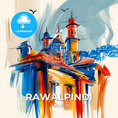 Vibrant Rawalpindi, Pakistan - A Painting Of A Building With Towers And Birds Flying In The Sky - Square format print template